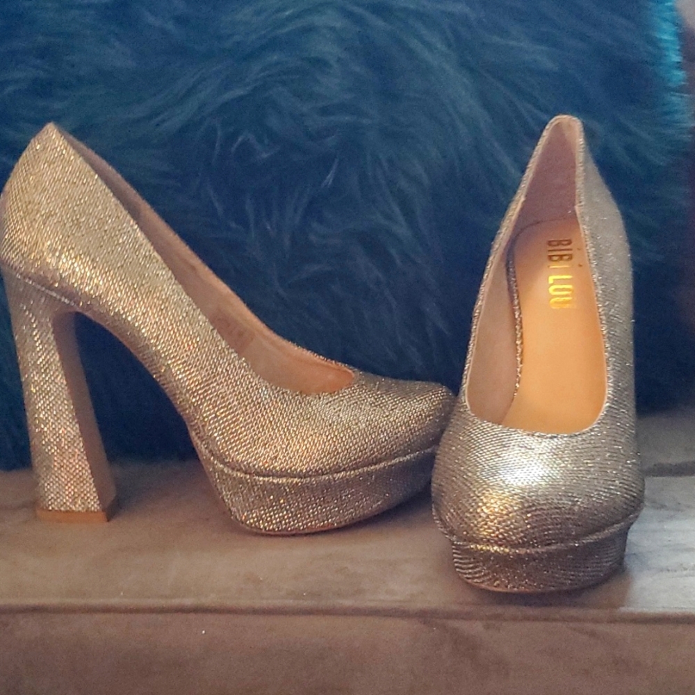 Gold shimmery block heel shoes